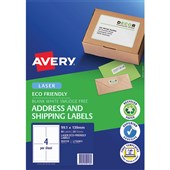 AVERY 959118 ECO FRIENDLY ADDRESS LABELS FSC 100 RECYCLED W991 X L139MM 4UP PACK 20