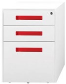 METALICON SPECTRUM MOBILE 2 DRAWER 1 FILE WITH PENCIL TRAY LOCKABLE POWDERCOAT W410 X D500 X H575MM WHITE WITH RED HANDLES