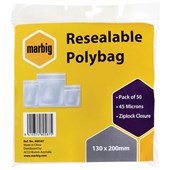 MARBIG PLASTIC BAG RESEALABLE 45MU W130 X L200MM CLEAR PACK 50